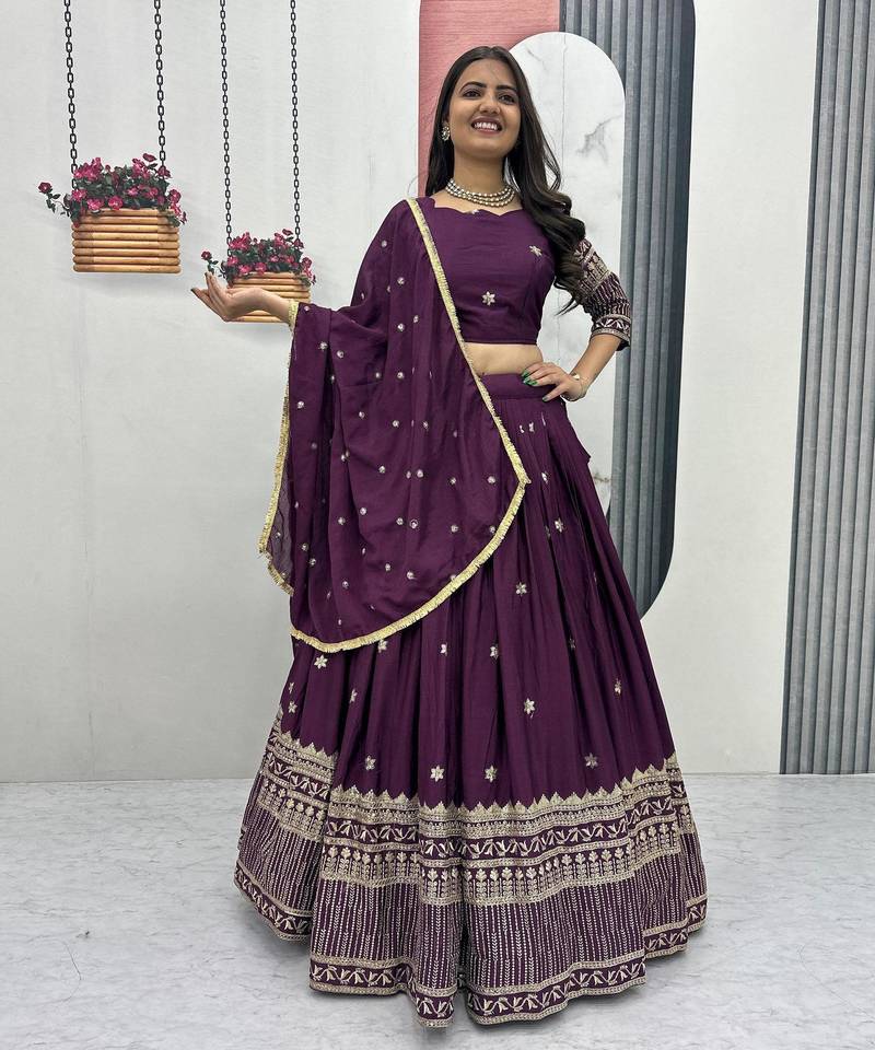 Wine Chinon Silk  Fabric Sequins & Thread Embroidered Lehenga Choli Set with Matching Dupatta