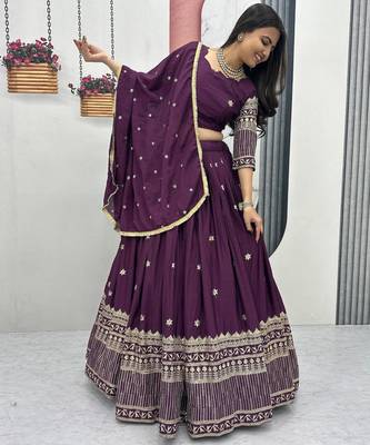 Wine Chinon Silk  Fabric Sequins & Thread Embroidered Lehenga Choli Set with Matching Dupatta 2