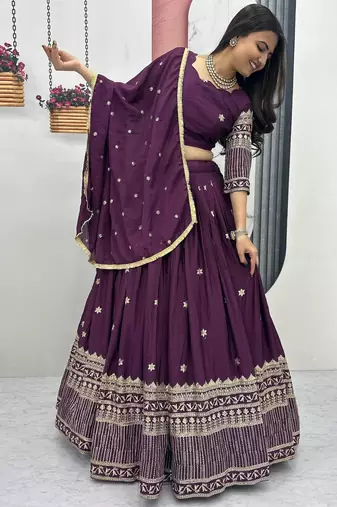 Wine Chinon Silk  Fabric Sequins & Thread Embroidered Lehenga Choli Set with Matching Dupatta