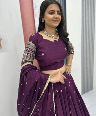 Wine Chinon Silk  Fabric Sequins & Thread Embroidered Lehenga Choli Set with Matching Dupatta 3