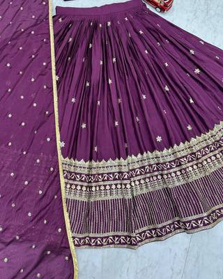 Wine Chinon Silk  Fabric Sequins & Thread Embroidered Lehenga Choli Set with Matching Dupatta 4