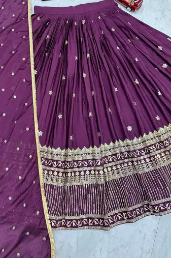 Wine Chinon Silk  Fabric Sequins & Thread Embroidered Lehenga Choli Set with Matching Dupatta