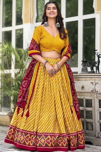 Yellow Tussar Dola Silk  Fabric Leheriya Print Lehenga Choli Set with Dupatta