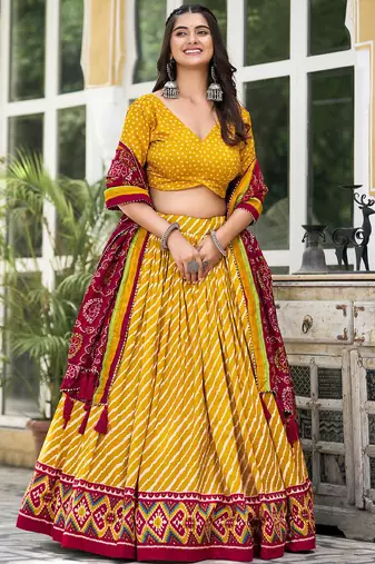 Yellow Tussar Dola Silk  Fabric Leheriya Print Lehenga Choli Set with Dupatta