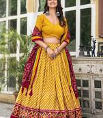 Yellow Tussar Dola Silk  Fabric Leheriya Print Lehenga Choli Set with Dupatta