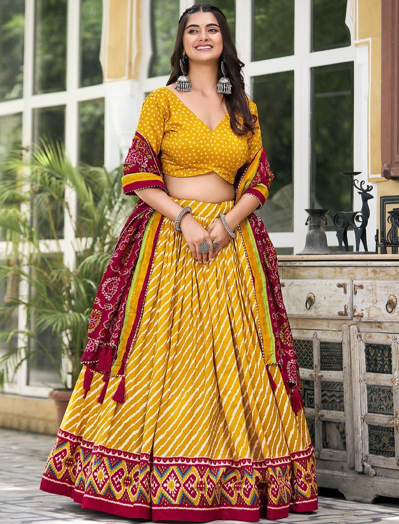 Yellow Tussar Dola Silk  Fabric Leheriya Print Lehenga Choli Set with Dupatta