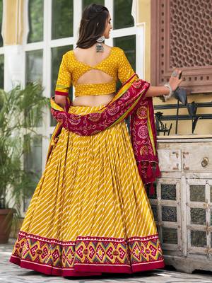 Yellow Tussar Dola Silk  Fabric Leheriya Print Lehenga Choli Set with Dupatta 2