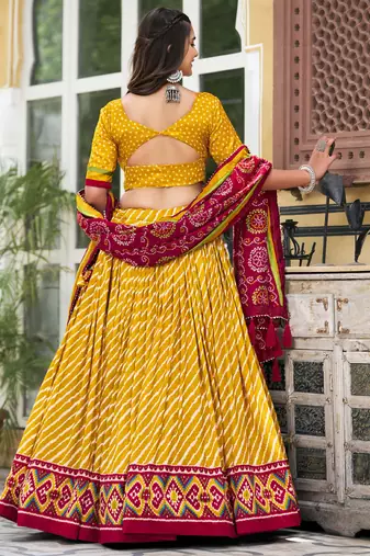 Yellow Tussar Dola Silk  Fabric Leheriya Print Lehenga Choli Set with Dupatta