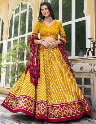 Yellow Tussar Dola Silk  Fabric Leheriya Print Lehenga Choli Set with Dupatta 3