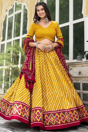 Yellow Tussar Dola Silk  Fabric Leheriya Print Lehenga Choli Set with Dupatta