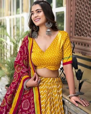 Yellow Tussar Dola Silk  Fabric Leheriya Print Lehenga Choli Set with Dupatta 4