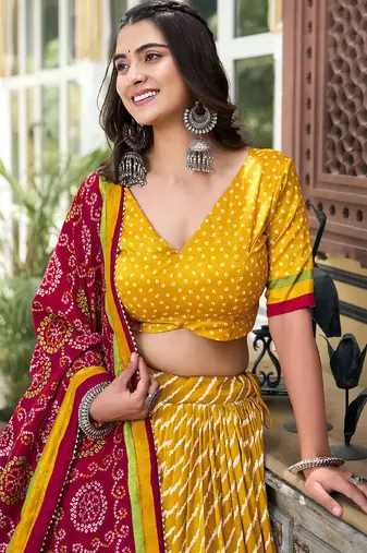 Yellow Tussar Dola Silk  Fabric Leheriya Print Lehenga Choli Set with Dupatta