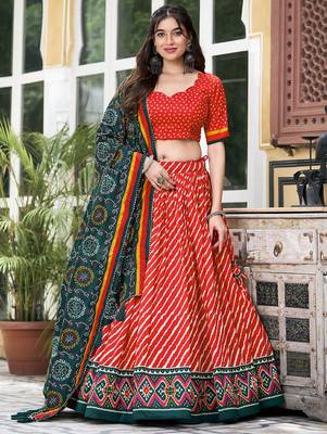 Red Tussar Dola Silk  Fabric Leheriya Print Lehenga Choli Set with Dupatta 1