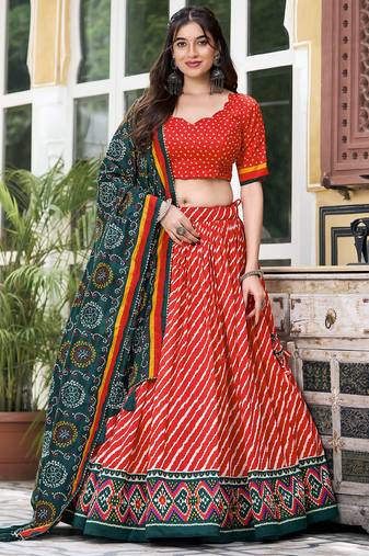 Red Tussar Dola Silk  Fabric Leheriya Print Lehenga Choli Set with Dupatta