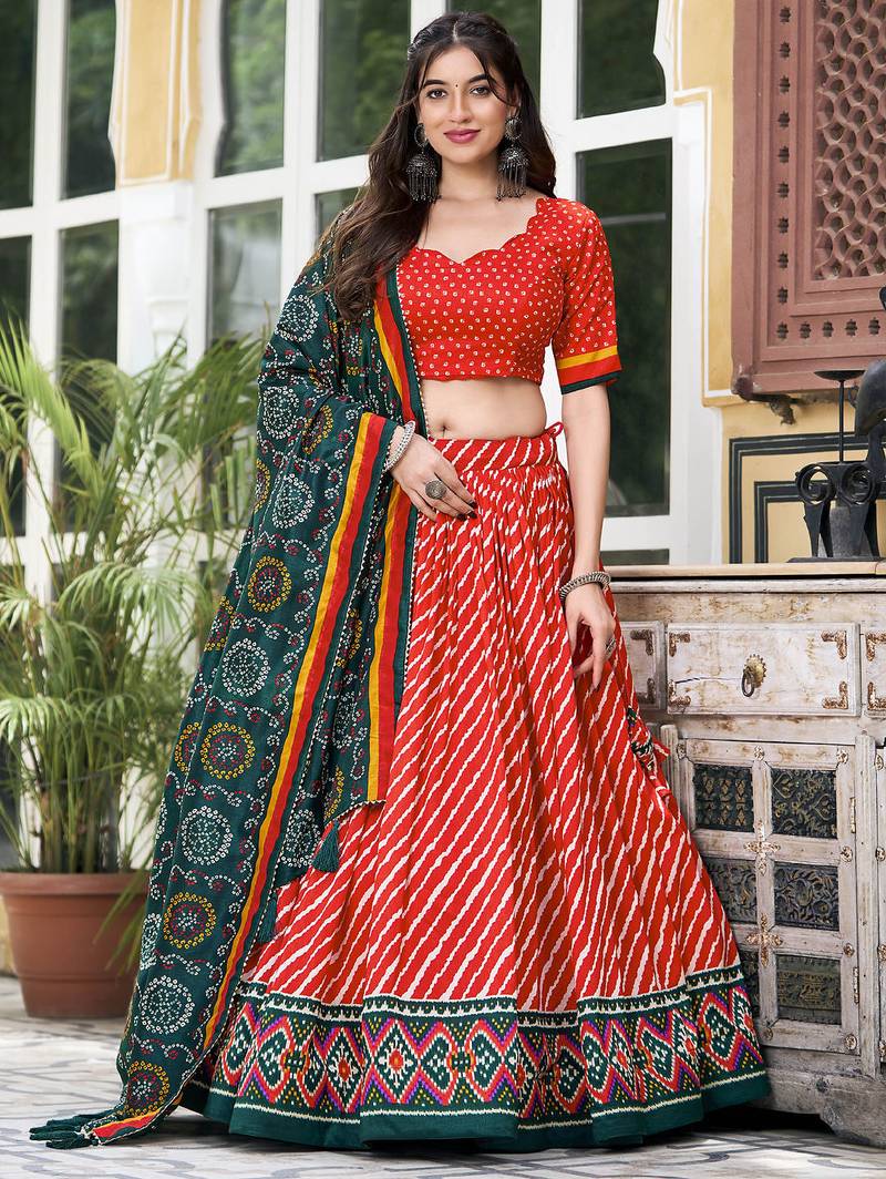 Red Tussar Dola Silk  Fabric Leheriya Print Lehenga Choli Set with Dupatta