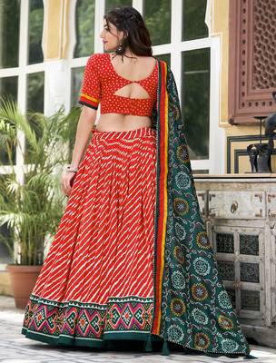 Red Tussar Dola Silk  Fabric Leheriya Print Lehenga Choli Set with Dupatta 2