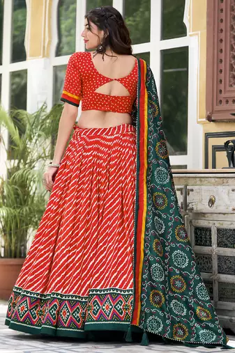 Red Tussar Dola Silk  Fabric Leheriya Print Lehenga Choli Set with Dupatta
