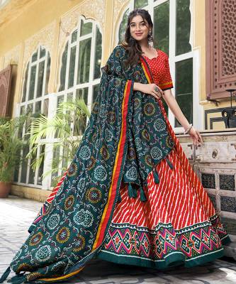 Red Tussar Dola Silk  Fabric Leheriya Print Lehenga Choli Set with Dupatta 3