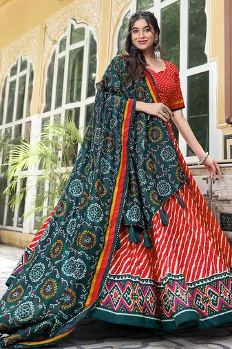 Red Tussar Dola Silk  Fabric Leheriya Print Lehenga Choli Set with Dupatta