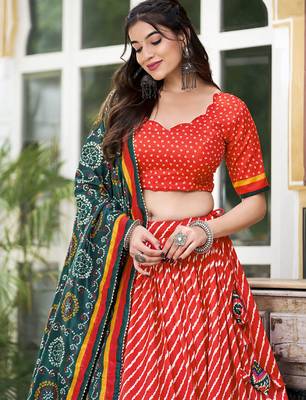 Red Tussar Dola Silk  Fabric Leheriya Print Lehenga Choli Set with Dupatta 4