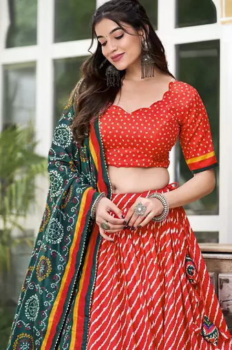 Red Tussar Dola Silk  Fabric Leheriya Print Lehenga Choli Set with Dupatta