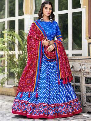 Blue Tussar Dola Silk  Fabric Leheriya Print Lehenga Choli Set with Dupatta 1