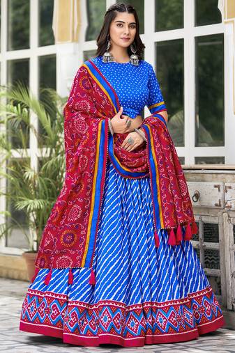 Blue Tussar Dola Silk  Fabric Leheriya Print Lehenga Choli Set with Dupatta