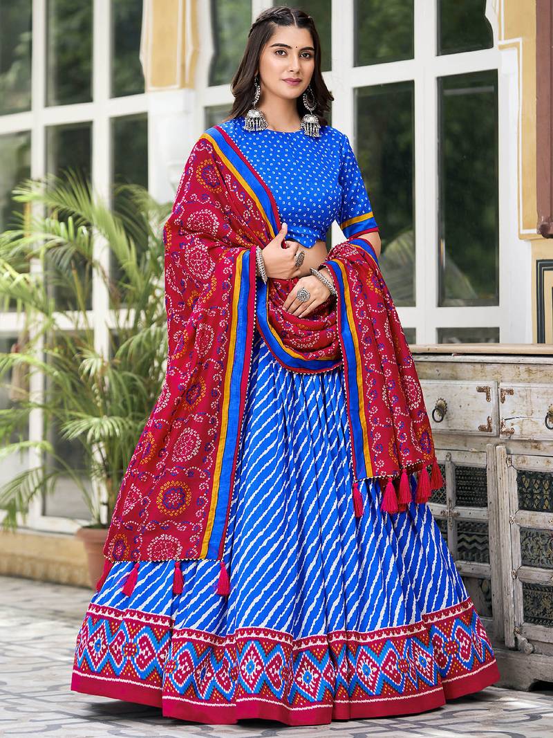 Blue Tussar Dola Silk  Fabric Leheriya Print Lehenga Choli Set with Dupatta