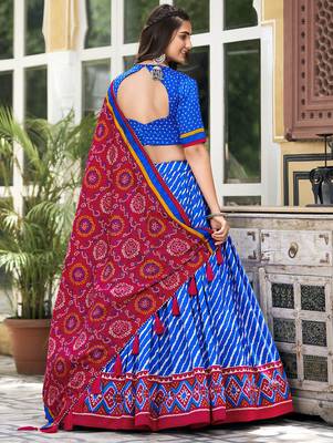 Blue Tussar Dola Silk  Fabric Leheriya Print Lehenga Choli Set with Dupatta 2