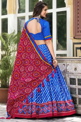 Blue Tussar Dola Silk  Fabric Leheriya Print Lehenga Choli Set with Dupatta