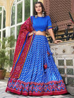 Blue Tussar Dola Silk  Fabric Leheriya Print Lehenga Choli Set with Dupatta 3