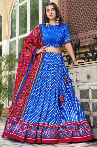 Blue Tussar Dola Silk  Fabric Leheriya Print Lehenga Choli Set with Dupatta