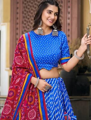 Blue Tussar Dola Silk  Fabric Leheriya Print Lehenga Choli Set with Dupatta 4