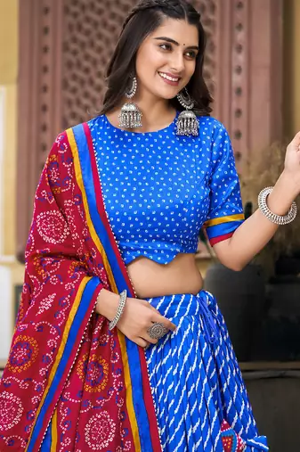 Blue Tussar Dola Silk  Fabric Leheriya Print Lehenga Choli Set with Dupatta