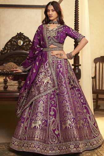 Awesome Purple Embroidered Banarasi Silk Reception Wear Lehenga Choli With Dupatta
