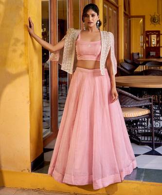 LIGHT PINK Elegant Allnen Crush Lehenga with Sequins & Thread Embroidered Blouse and Koti 1
