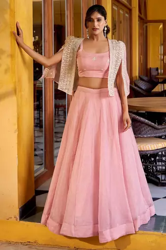 LIGHT PINK Elegant Allnen Crush Lehenga with Sequins & Thread Embroidered Blouse and Koti
