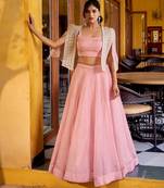 LIGHT PINK Elegant Allnen Crush Lehenga with Sequins & Thread Embroidered Blouse and Koti