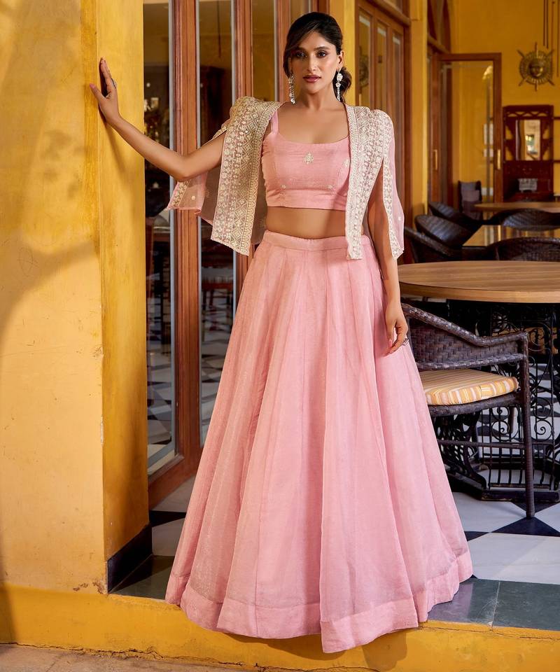 LIGHT PINK Elegant Allnen Crush Lehenga with Sequins & Thread Embroidered Blouse and Koti
