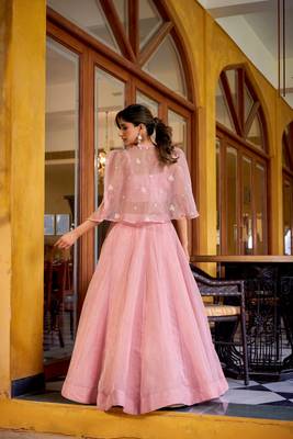 LIGHT PINK Elegant Allnen Crush Lehenga with Sequins & Thread Embroidered Blouse and Koti 2