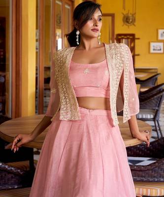LIGHT PINK Elegant Allnen Crush Lehenga with Sequins & Thread Embroidered Blouse and Koti 3