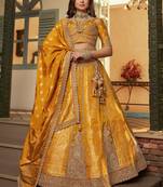 Grand Mustard Yellow Sequins Embroidery Banarasi Silk Haldi Wear Lehenga Choli