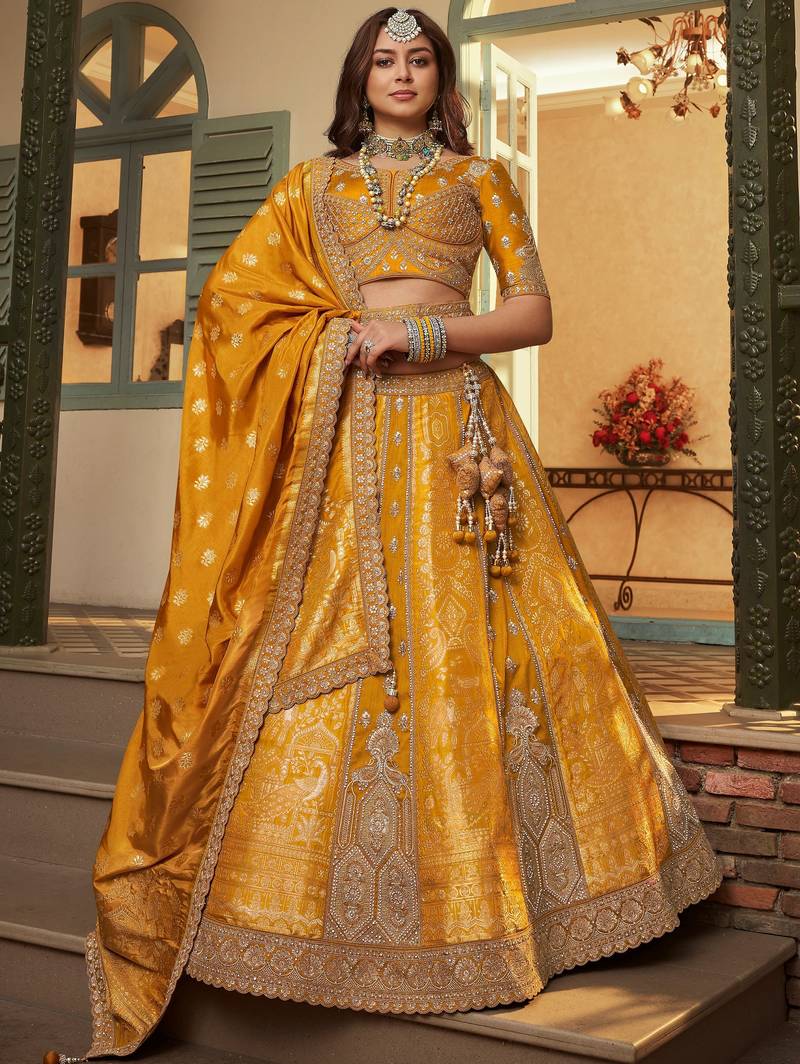 Grand Mustard Yellow Sequins Embroidery Banarasi Silk Haldi Wear Lehenga Choli