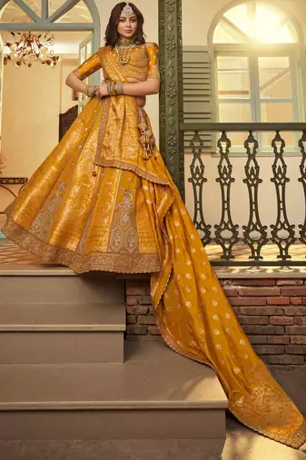 Grand Mustard Yellow Sequins Embroidery Banarasi Silk Haldi Wear Lehenga Choli