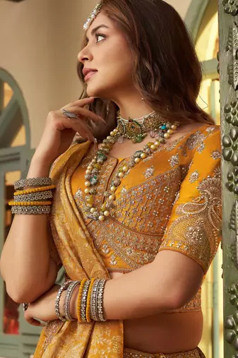 Grand Mustard Yellow Sequins Embroidery Banarasi Silk Haldi Wear Lehenga Choli