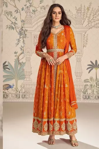 Designer chinon silk embroidered work wedding anarkali suit