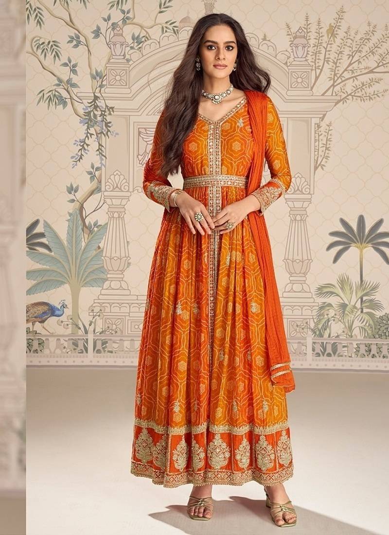 Designer chinon silk embroidered work wedding anarkali suit