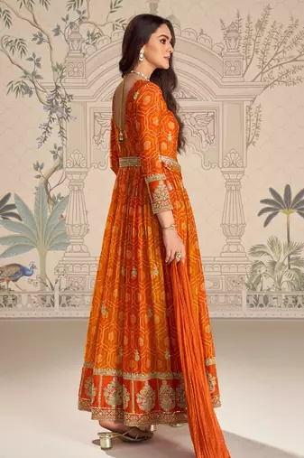 Designer chinon silk embroidered work wedding anarkali suit