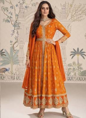 Designer chinon silk embroidered work wedding anarkali suit 3