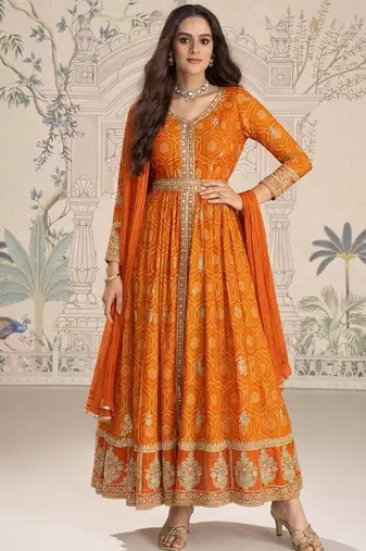 Designer chinon silk embroidered work wedding anarkali suit